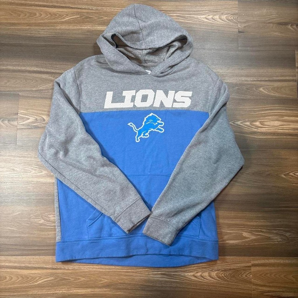 NFL Detroit Lions hoodie with white 'LIONS' text and white lion logo on blue